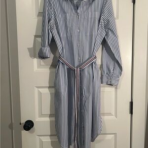 Y2k Tommy Hilfiger Striped Blue and White Shirt Dress with Red Accent Detail